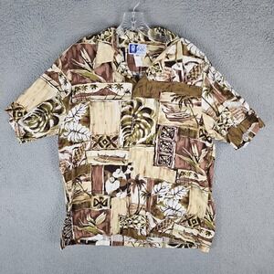 RJC Camp Shirt Mens XL Brown Floral Birds of Paradise Outrigger Canoe Hawaiian